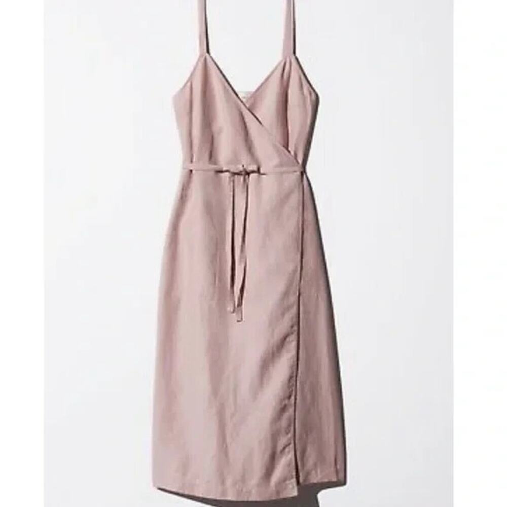 NWT Aritzia Wilfred Astere Wrap Midi Dress Size XS Brown Linen Blend Sundress